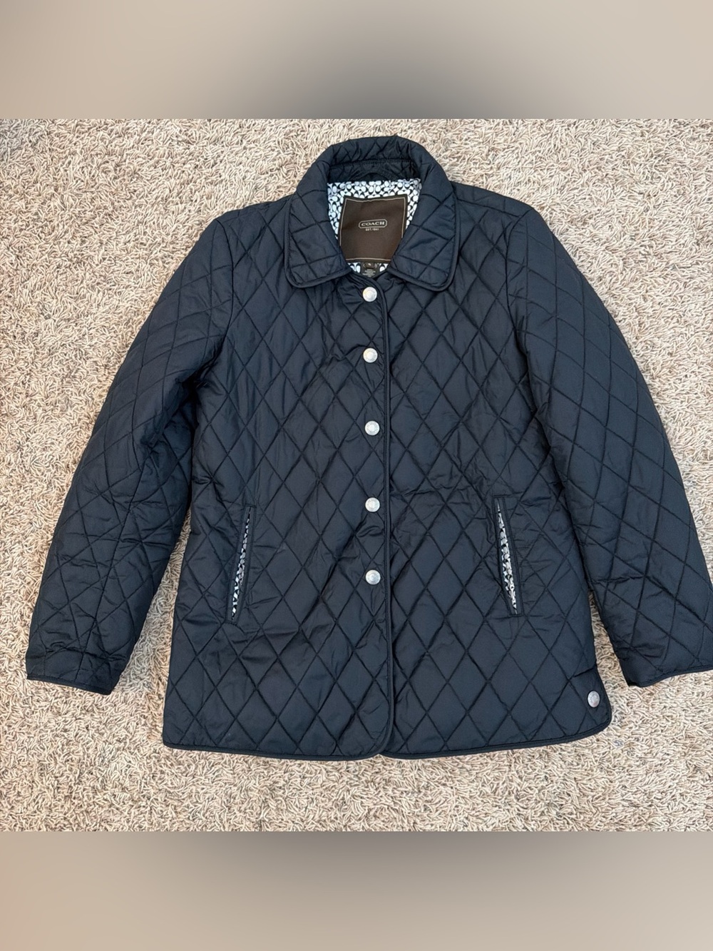 Coach Signature C Quilted Riding Jacket Black  Button Front Size Small EUC